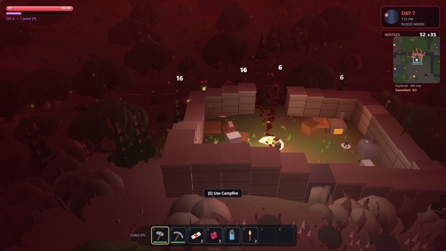 The same compound under a blood moon, everything washed deep red. A wall section
                      on the north side has been destroyed and infected are pouring through the gap
                      into the courtyard, where the campfire still burns. Damage numbers float over
                      the breach. The counter reads fifty-two hostiles with thirty-five more coming.