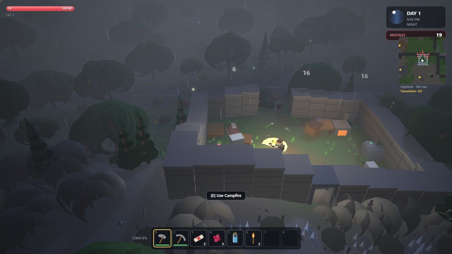 Night, heavy rain and fog. A walled compound of stone blocks encloses a lit
                      campfire, a bed, workbench, forge and storage crates. Rain streaks fall across a
                      fogged treeline. Floating damage numbers show turrets firing at attackers beyond
                      the north wall. The counter in the corner reads nineteen hostiles.